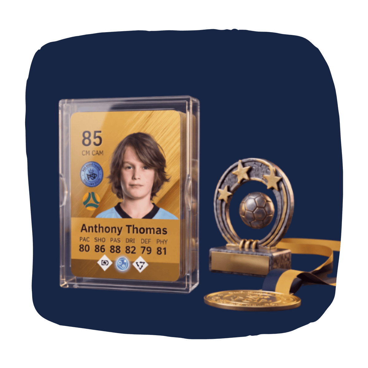 A collectible football player card in a clear plastic case, shown alongside a gold soccer trophy and medal on a dark navy background.