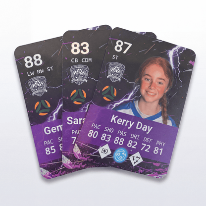 Three custom sports trading cards fanned out on a light gray background. The cards feature a dark purple and black design with purple lightning accents, player statistics, team crests, and a photo of a young girl.