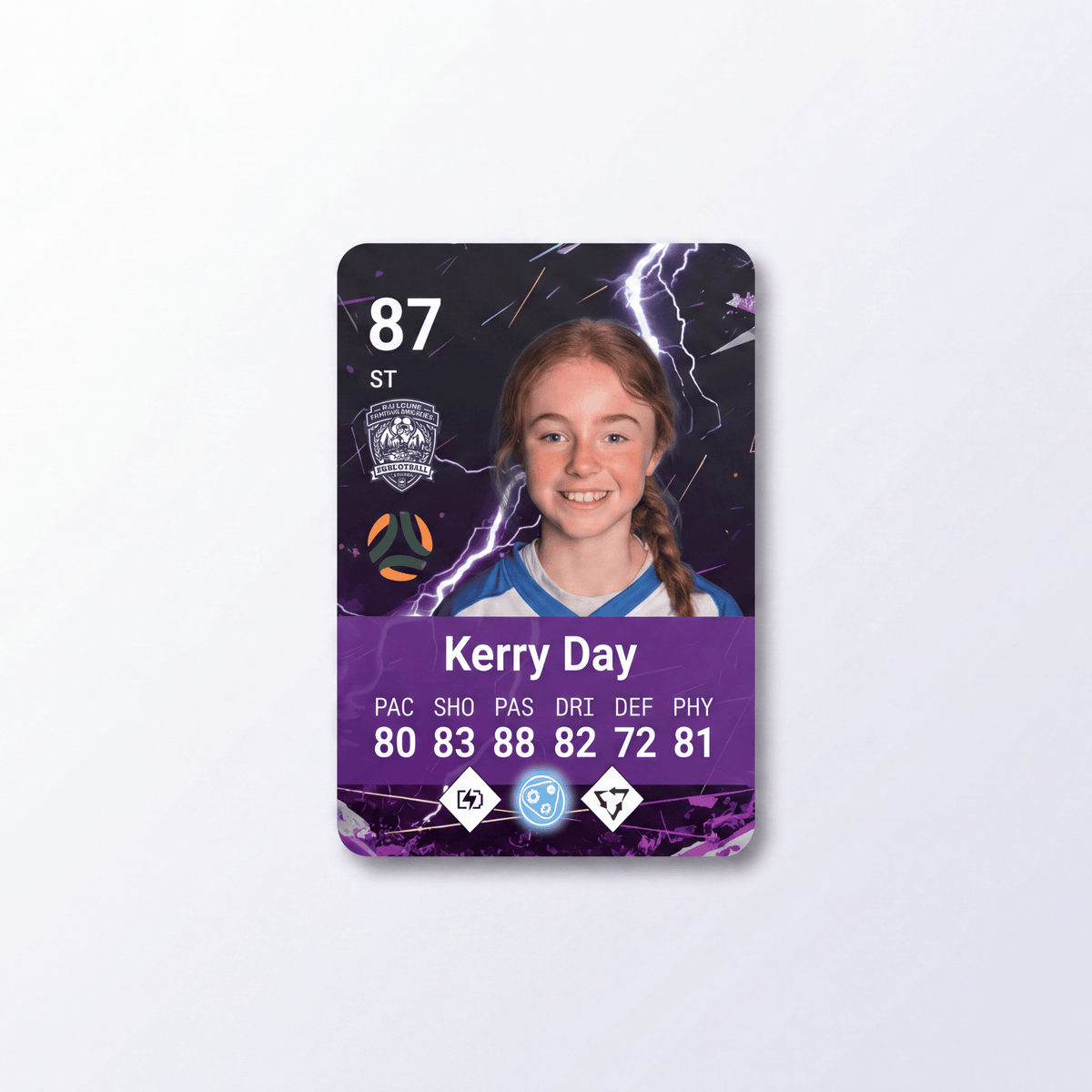 A custom sports trading card featuring a young girl player, a soccer card design showcasing the purple and black design, displayed on a clean white background.